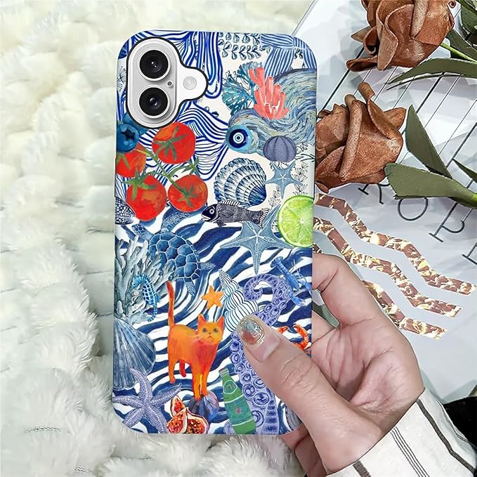 Case for iPhone 16 Plus,Leopard Cherry Shell Aesthetics for Woman Men Full Body Protective Cover Shockproof 2 in 1 Silicone + Hard PC Case for iPhone 16 Plus