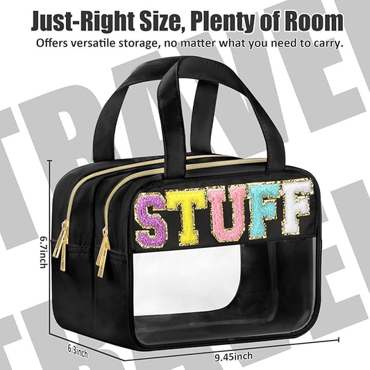 Chenille Letter Clear Makeup Bags, Stuff Bag for Travel, Preppy Patch Nylon Cosmetic Bag with Handles and Zipper, Waterproof Large Clear Travel Toiletry Bag Storage Bag for Women Black