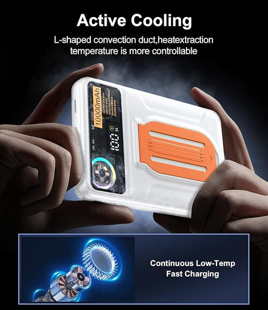 Magnetic Power Bank 10000mAh,Foldable Wireless Portable Charger with Fan Active Cooling System,Fast Charging Battery Pack,Compatible with iPhone 16/15/14/13/12 Pro/Pro Max/Plus/Mini