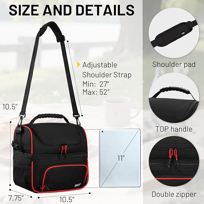 MIER Dual Compartment Lunch Bag Tote with Shoulder Strap for Men and Women Insulated Leakproof Cooler Bag, Black/Red