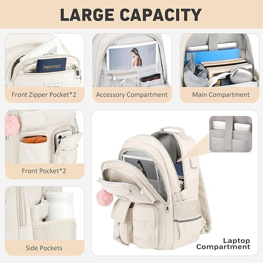 School Backpack for Teen Girls, Cute Laptop Backpack for Women Students, Middle High School Bags Aesthetic Bookbag for College Travel Fit 15.6 Inch Laptop (Beige)