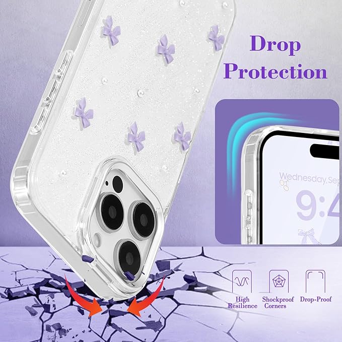 EYZUTAK Case for iPhone 17 Pro Max, Bling Glitter 3D Bowknot Phone Case Cute Sparkly Crystal Clear Bow Aesthetic Cover Slim Soft Durable TPU Transparent Protective Cover for Women Girl-Purple Bow
