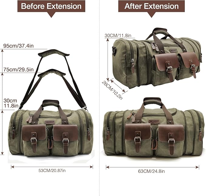 Wildroad 50L Travel Duffel Bag, Expandable Canvas Genuine Leather Duffle Bag Upgraded Overnight Weekender Carry on Bag