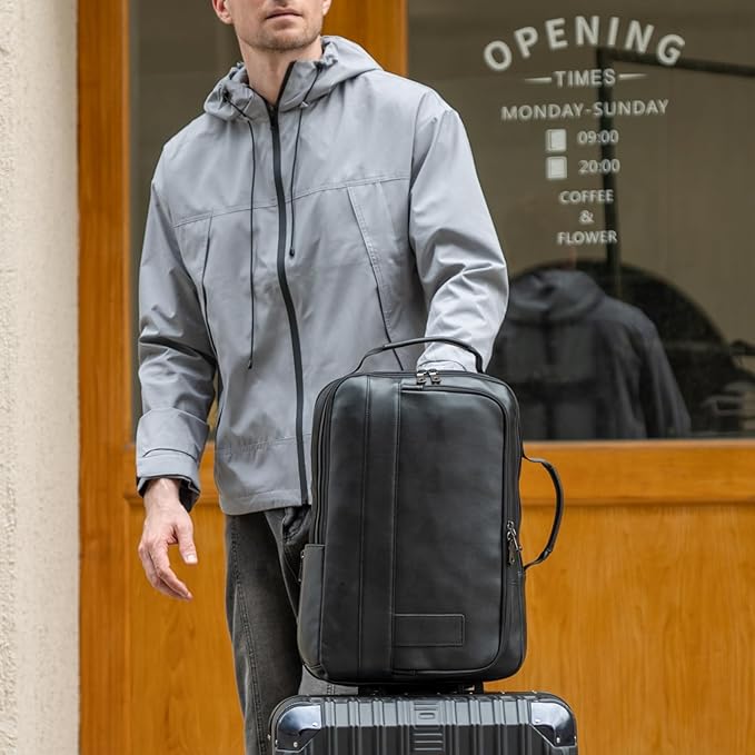 Masa Kawa Slim Leather 15.6" Laptop Backpack for Men Convertible Briefcase Backpacks Expandable Black Business Work Bag Slim Travel Daypack