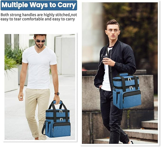 Insulated Lunch Bag & Lunch Box for Men - Double Deck Reusable Lunch Bag for Women Tote Cooler Bag Leakproof Soft Expandable - Large Lunchbox for Work/Adult/Picnic/Outdoor (Blue,15L)