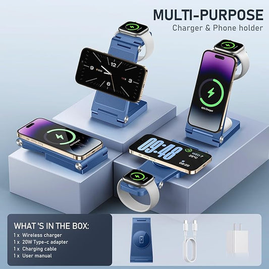 Magnetic Wireless Charger Stand, 3 in 1 Foldable Wireless Charging Station, Travel Charger for Multiple Devices for iPhone 16 15 14 13 12 Series, Apple Watch Ultra/SE/9/8/7/6/5/4/3/2, AirPods