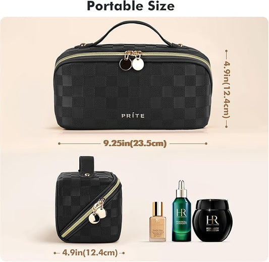 Prite Makeup Bag for Women Travel Waterproof Vegan Leather Cosmetic Bag Open Flat Toiletry Bag With Clear Divider and Handle (Plaid Black)