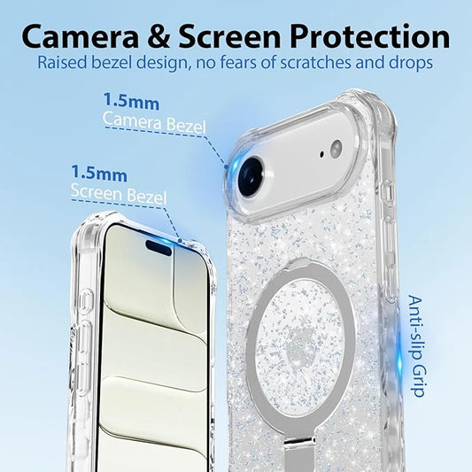 Magnetic for iPhone Air Case with Invisible Stand, Compatible with MagSafe, Clear Bling Sparkle Shockproof Slim Anti-Slip Military Drop Protection Hard Phone Case 6.5" Glitter Silver