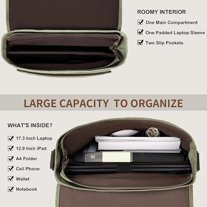 ESTARER Men's Messenger Bag 17.3 Inch, Water-resistant Canvas Laptop Bag, Computer Shoulder Bag for College Travel Work, Army Green