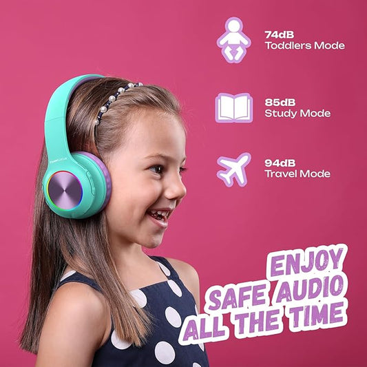 PowerLocus PLED Kids Bluetooth Headphones, Kids Wireless Headphones with LED Lights, 74/85/94dB Safe Volume, Micro SD, AUX Cable, Hi-Fi Stereo, Built-in Mic Over Ear Kid Headphone for Travel/Tablet/PC