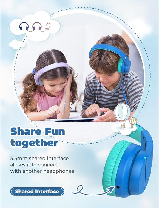 iClever Kids Headphones for School/Travel with Safe Volume 74/85dBA, HS19 Stereo Sound Over-Ear Headphones for Kids with Mic FunShare, Foldable 3.5mm Wired for iPad/Computer, 2 Pack