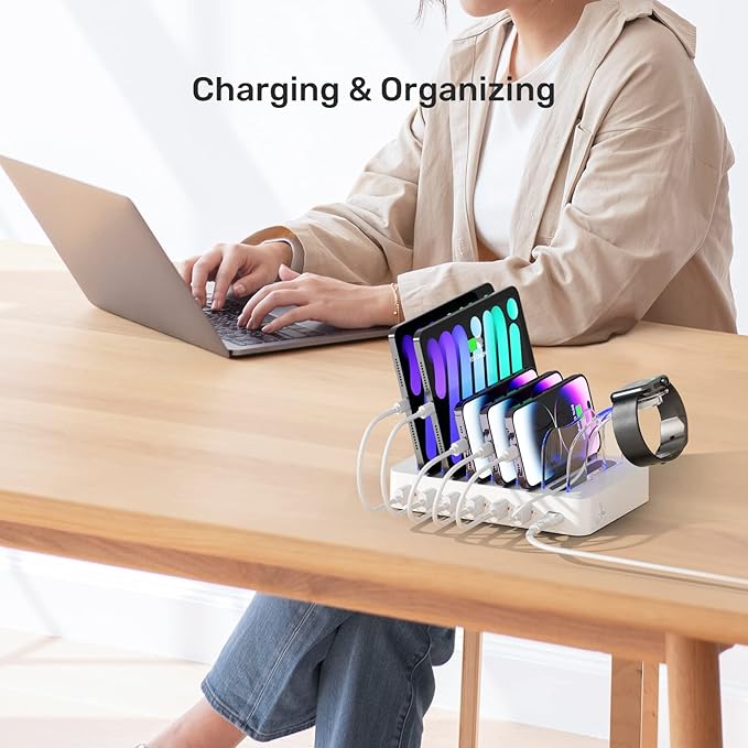 Unitek Fast Charging Station for Multiple Devices, 60W 6 Ports Charging Dock with QC 3.0, USB Charging Station Organizer with 7 Short Charging Cables for Phones, Tablets, and Other Electronics