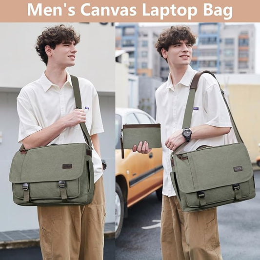 Nerlion Messenger Bag for Men 17-17.3 Inch Laptop Bag Canvas Water-resistant Computer Bag Shoulder Bag Work Briefcase Bookbag for College (Green)