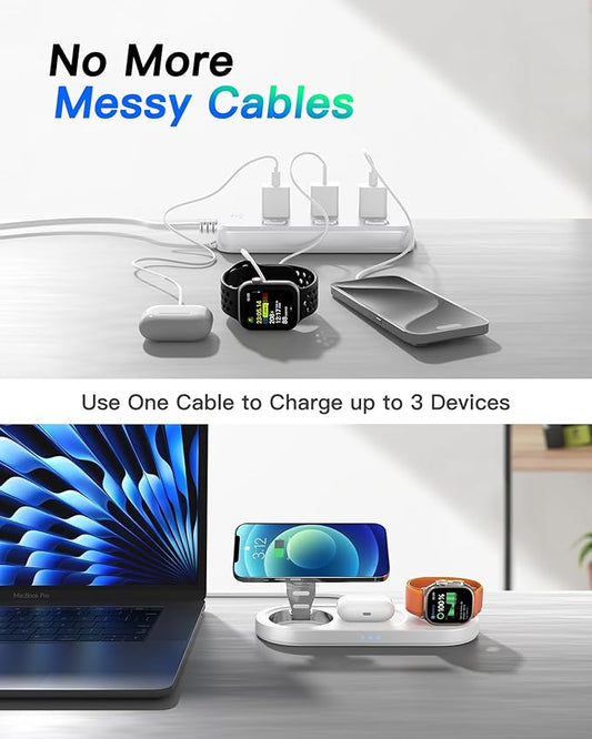 Upgraded 3 in 1 Wireless Charging Station for Apple Devices, Faster Mag-Safe Charger Stand, Magnetic Charger Station for iPhone 16/15/14/13/12 Series & AirPods Pro & Apple Watch Series (White)