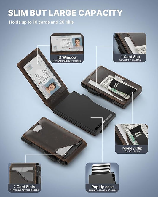 typecase Tactical Wallet for Men Card Holder: Pop Up Card Case, Full Grain Leather, Smart, RFID Blocking, Slim, Minimalist, Thin, Front Pocket - 10 Card Slots, ID Window, Money Clip (Burnished Black)