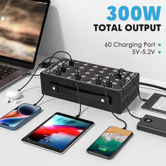 USB Charging Station for Multiple Devices, 300W 60 Port Desktop Fast Charger Station with Intelligent Protection, Multi Ports USB Charger Block for Home School Hotel Office Shopping Malls