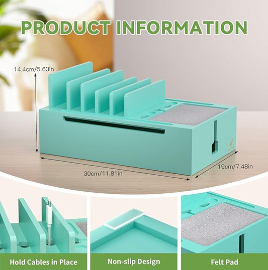 Pezin & Hulin Bamboo Charging Station, Electronic Devices Organizer for Multiple Devices Charger Such As Cell Phone, Tablet, Watch and More, Teal, (No USB Charger and Cables