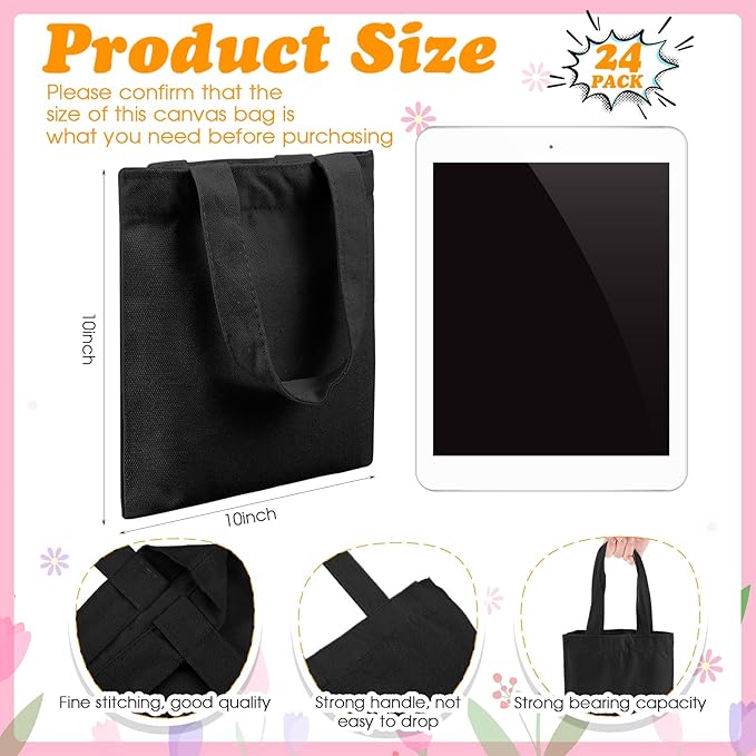 Amylove 24 Pcs Mini Tote Bag Sublimation Blank Canvas Tote Bags Reusable Grocery Luggage DIY Sack Goody for Party Even (10 x 10 Inch,Black)