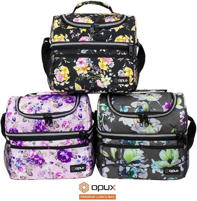 Opux Lunch Box For Women - Large Dual Compartment Insulated Lunch Bag, 10x7.5x10 Inches, Floral Purple