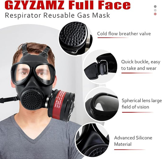 Full Face Respirator Reusable Gas Mask, Survival Nuclear and Chemical Gas Masks with 40mm Activated Carbon Filter in Vapor, Chemical, Gas, Paint Spary, Woodworking and Other Work Protection