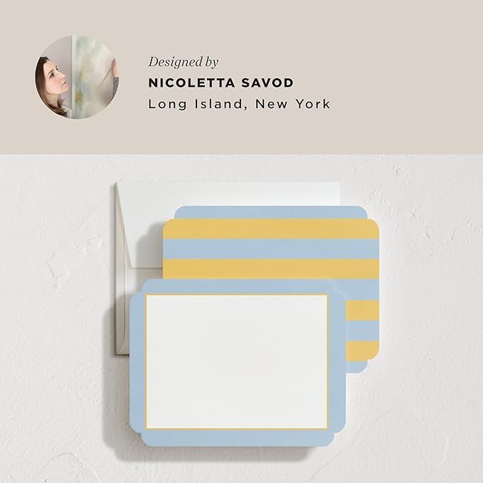 Minted July Stationery Set, Set of 10, Flat Note Cards & Envelopes for Invitations & Handwritten Thank You Messages, Blue & Yellow Stripes in Classic Frame Shape, Gifts for Women, Luxurious Paper