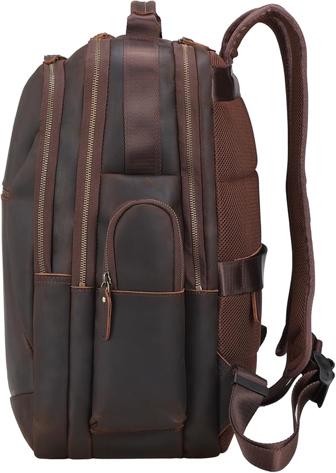 TIDING Full Grain Leather 17.3 Inch Laptop Backpack for Men Large Capacity Travel Weekender Camping Daypack Rucksack