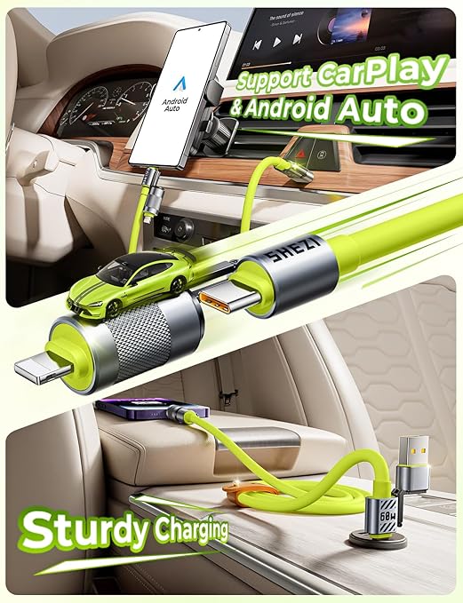 Silicone Green Cable 4-in-1 USB C Cable 60W Compatible with Lightning Cable Fast Charging & Data Transfer, Support to CarPlay & Android Auto, 5FT Multi Cord Combo Charger for iPhone/iPad