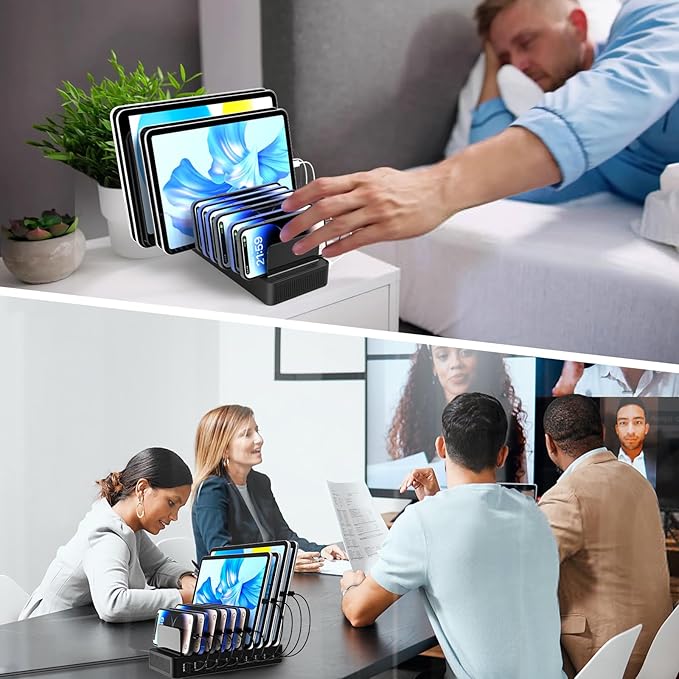 Charging Station for Multiple Devices, 100W 10 Ports Flat Plug Charging Dock with 10 Cables Smart IC Tech and Adjustable Dividers Type-C,Multi USB Charger for iPhone Galaxy iPad Tablet,Black