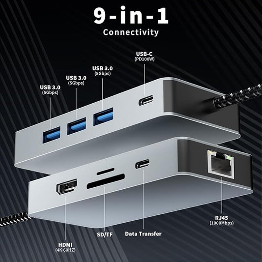USB C Hub, 9 in 1 USB C to 4K@60HZ HDMI Multiport Adapter, RJ45 Gigabit Ethernet, 3 USB 3.0 Ports, SD/TF Card Reader, PD 100W, Desigend for MacBook Pro Air HP XPS and Other Type C Devices