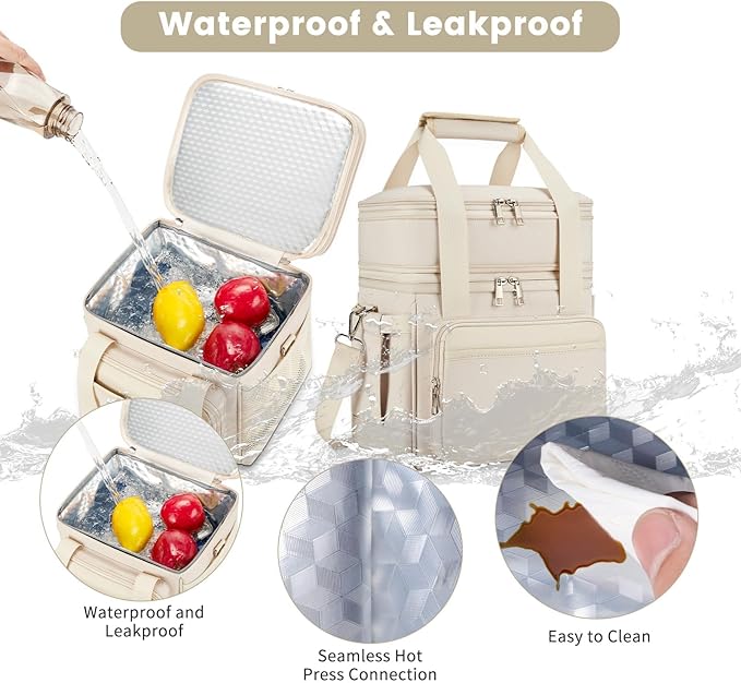 Insulated Lunch Bag & Lunch Box for Women - Double Deck Reusable Lunch Bag for men Tote Cooler Bag Leakproof Soft Expandable - Large Lunchbox for Work/Adult/Picnic/Outdoor (Cream,15L)