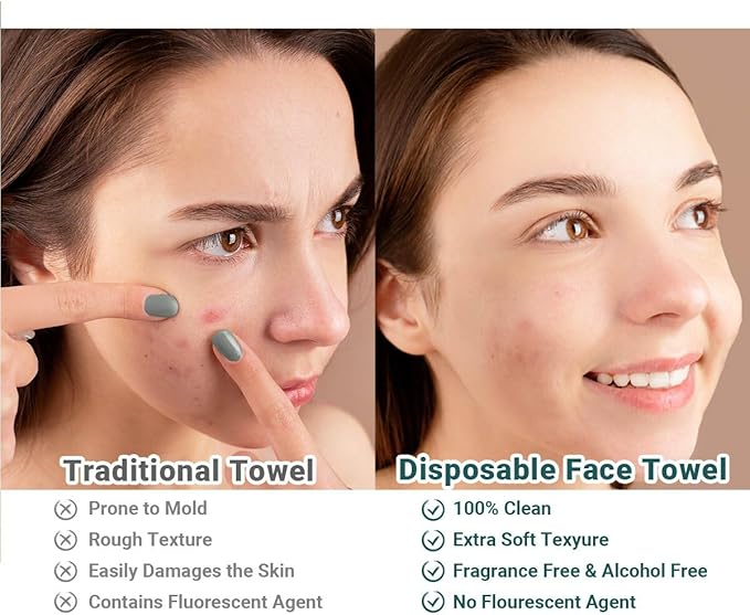100 Count 2 PACK, Disposable Face Towel, Large Size 10"X 12", Disposable Face Cloths, 100% Biodegradable Towel, Skin Soft and Thick for Washing