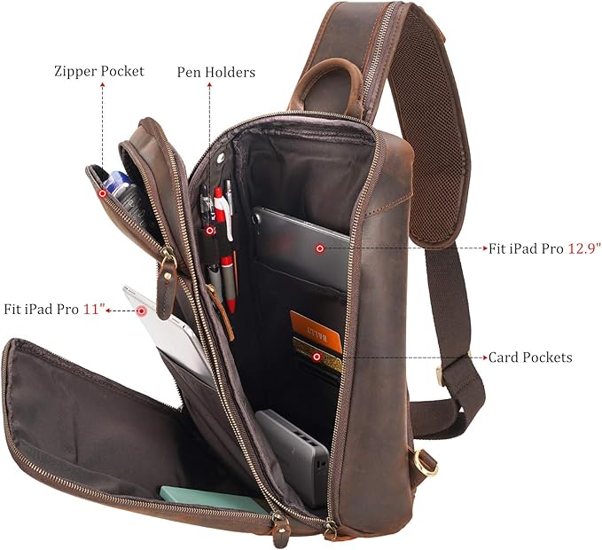 Polare Modern Style Sling Shoulder Bag Men’s Travel/Hiking Daypack with Full Grain Italian Leather and YKK Zippers