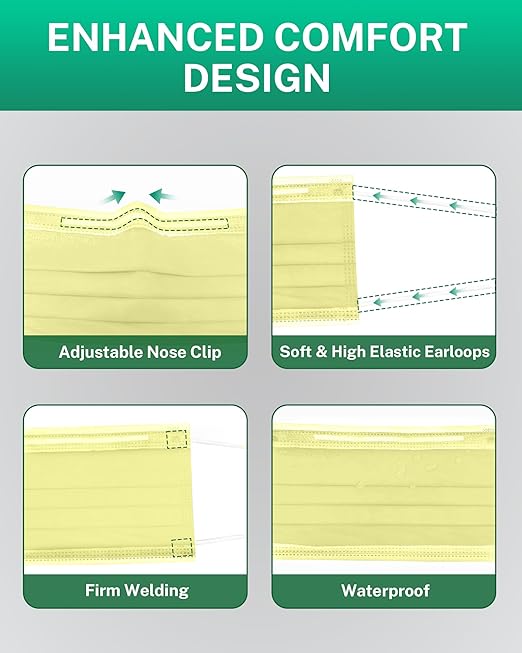 Disposable Face Masks Made in USA, 4 Ply for Families, Students, Breathable All-Day Wear & Safety, FSA HSA Eligible, ASTM Level 3 Medical Grade, 50 Pack, Light Yellow