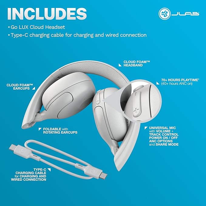 JLab Go Lux ANC Wireless Headphones, Cloud White, Hybrid Active Noise Cancelling, Premium On-Ear Bluetooth Headset, Customizable Sound, Be Aware Mode, Cloud Foam Comfort, Multipoint Connection