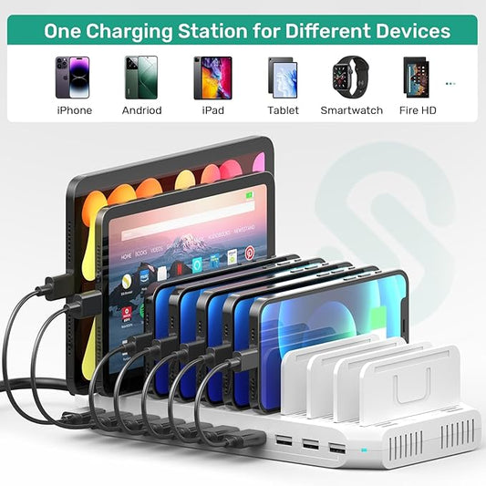 60W 10 Ports USB Charging Station for Multiple Devices, Multiple Charging Station with Adjustable Dividers Compatible with Tablets, Kindle, Smartphones