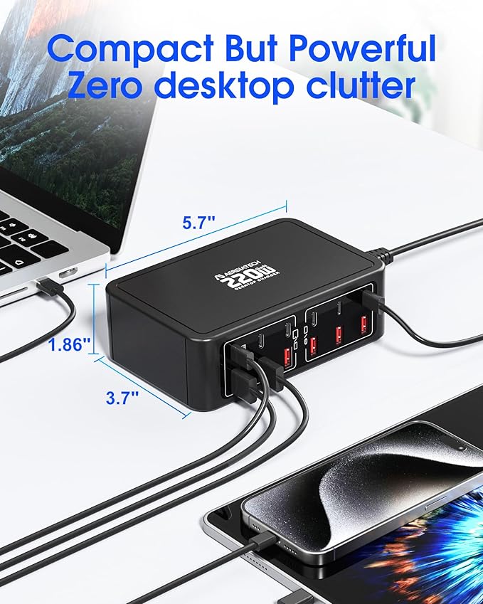 220W USB C Charging Station, 12-Port GaN Charger Hub,65W Laptop Charger Adapter for MacBook Pro/Air iPad Pro iPhone Google Pixelbook ThinkPad Dell XPS Galaxy S23 Steam Deck -Black