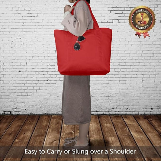 TOPDesign 1-Pack Canvas Tote Bags with an External Pocket, Reusable Grocery Shopping Bags, Top Zipper Closure, Daily Essentials (Red)