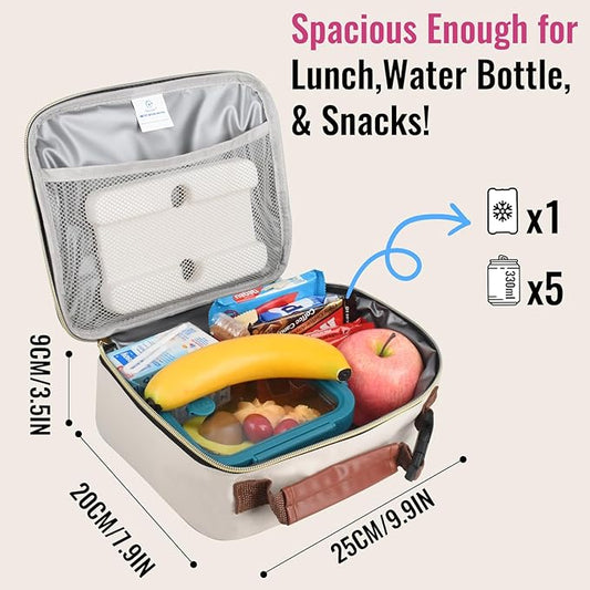 Genteen Lunch Box for Women Adults Girls - Insulated LunchBox Reusable, Zip Closure & Buckle Handle, Portable Cooler for Work, School, Travel (White)