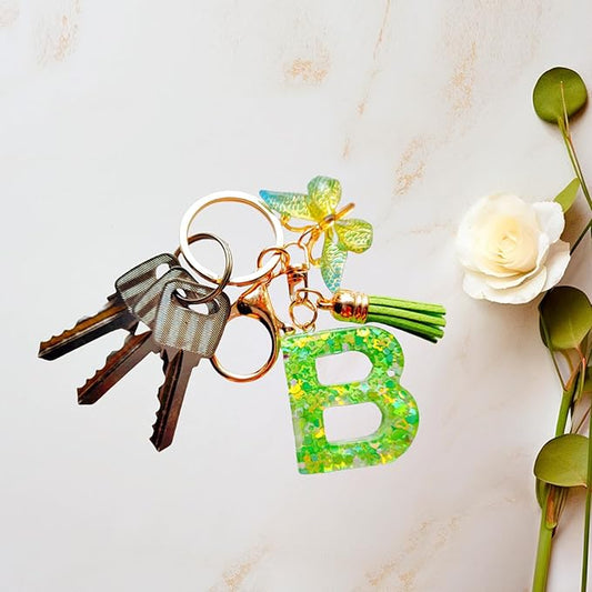 Cute Initial Letter Keychains for Women Girls Tassel Butterfly Pink Purple Green Keychain for Backpack School Bag