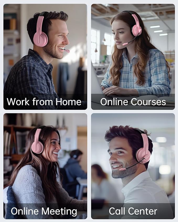 Wireless Headset with Mic for Work with AI Noise Cancelling Mic for Clear Calls, Bluetooth V5.3 Headphones with Microphone to USB A/C Dongle & Mic Mute for Computer Laptop PC iPhone (Pink Black)