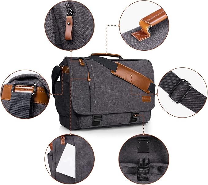 ESTARER Computer Messenger Bag 15-15.6 inch, Water-resistant Canvas Work Bag Briefcase, Laptop ShoulderSatchel with Buckles, Grey