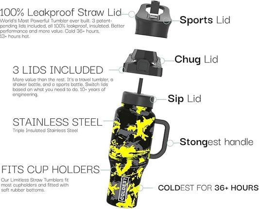 Coldest Tumbler with Handle and Straw - 100% Leak Proof Insulated Tumbler with Lid and Straw (3 Lids) - Stainless Steel Tumblers for Women & Men - Cup Holder Friendly Base, 46 oz (Off Road)