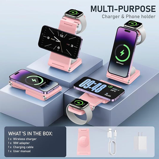 Magnetic Wireless Charger Stand, 3 in 1 Foldable Wireless Charging Station, Travel Charger for Multiple Devices for iPhone 16 15 14 13 12 Series, Apple Watch Ultra/SE/9/8/7/6/5/4/3/2, AirPods
