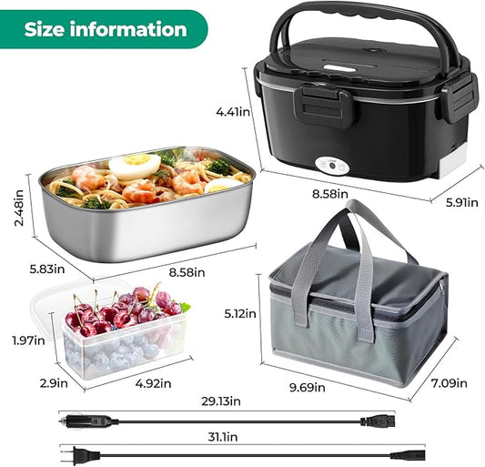 Electric Lunch Box For Adults, 80W Heated Lunch Box 1.5L Stainless Steel Heatable Lunchbox For Men, 12V/24V/110V Portable Food Warmer For Car Truck Work,Electric heating lunch box
