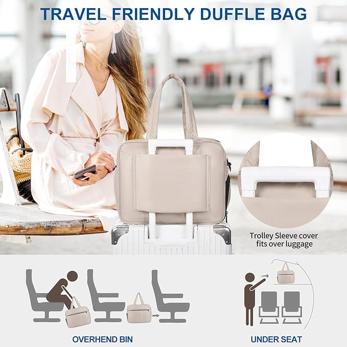 Felipe Varela Puffer Travel Duffle Bag, Gym Bag for Women with Shoe Compartment, Lightweight Tote Weekender Overnight Carry on Duffel Bags for Travel, Airplanes (Camel,19L)