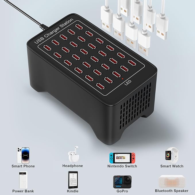Charging Stations for Multiple Device, 150W 30 Ports Phone Charging Station with Fast Charging, USB Multiple Charging Station for Travel Home Office Party