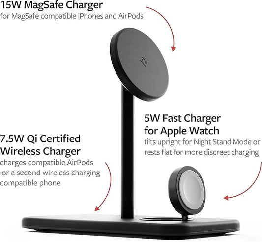 Twelve South HiRise 3 Deluxe, Compact Luxury Wireless Magsafe Charging Stand for iPhone, AirPods and Apple Watch - Includes US Power Supply with 5 Foot Cord, Plus International Plug Adapters, Black