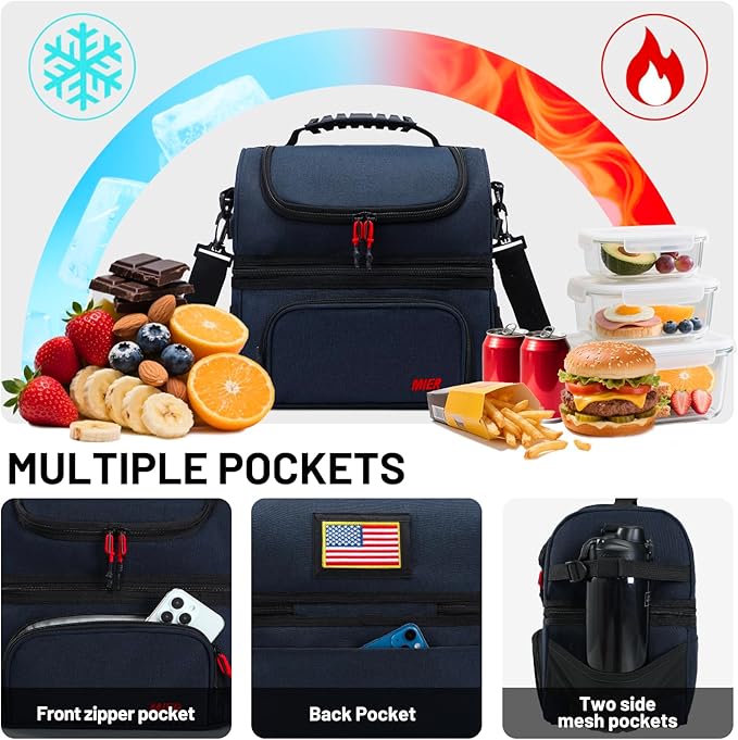 MIER Dual Compartment Lunch Bag Tote with Shoulder Strap for Men and Women Insulated Leakproof Cooler Bag, Dark Blue