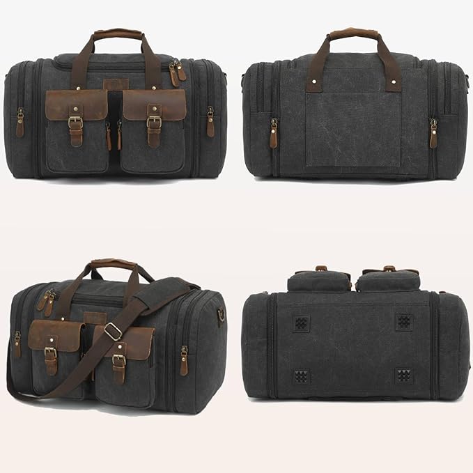 Imyth Retro Crazy Horse Leather Canvas Duffle Bag 60L Expandable Travel Bag for Airplanes (Black)
