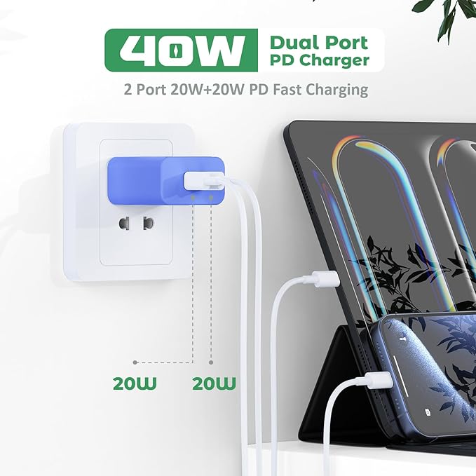 USB C Charger Block, 40W Dual Port Fast Charger 20W Type C Charging Block 3.1A USB Wall Charger Dual Port PD+QC Charging Cube for iPhone 15 16 14 13 12 11 Pro Max XS, iPad, Samsung Phone-Blue